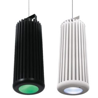 Two cylindrical pendant lights hang side by side, featuring vertical grooves and a modern, industrial design—perfect for enhancing your audio or video space with vibrant lighting in green and blue.