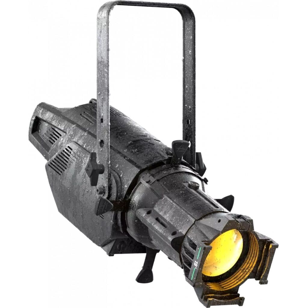 A black stage spotlight with a cylindrical body and a yellow-tinted lens, mounted on a metal bracket handle, typically used in theatrical lighting or concert lighting.