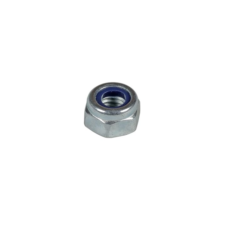A silver hexagonal lock nut with a blue nylon insert, shown on a plain white background—ideal for audio, video, or lighting applications.