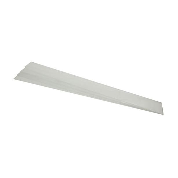 Three white rectangular plastic strips, often used in audio or video setups, are stacked together and taper slightly at one end, set against a plain white background.
