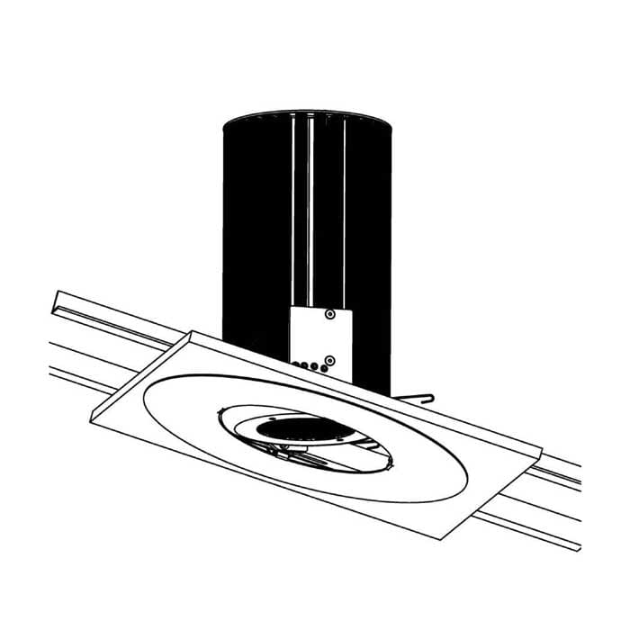 Black and white line drawing of a recessed ceiling light housing with a circular canister and rectangular trim, mounted between two metal support bars—ideal for enhancing video lighting setups.