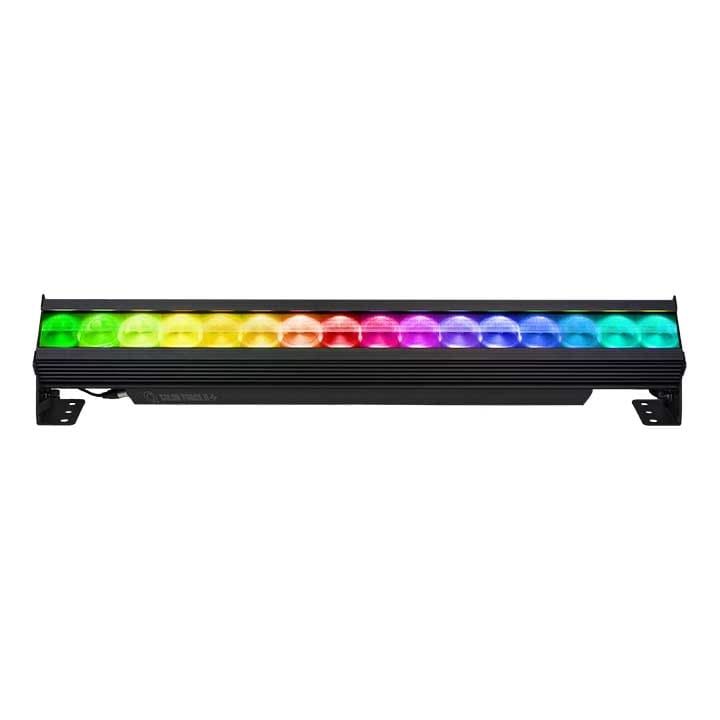 A black LED light bar displays multiple colors, including green, yellow, orange, red, purple, and blue in a gradient pattern. Perfect for video or audio setups, the light bar is mounted on two small metal brackets.
