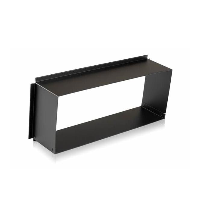 A rectangular black metal vent transition duct with flanges on both ends, designed for connecting HVAC, range hood systems, or integrating audio, video, and lighting installations seamlessly.