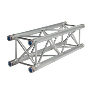 A silver aluminum truss structure with a rectangular shape, featuring diagonal support beams and blue circular connectors at the ends, commonly used in stage or event construction for mounting lighting and audio equipment.
