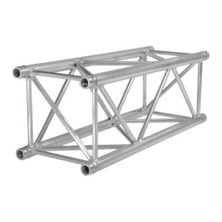 A silver metal truss segment with a rectangular shape and diagonal cross-bracing, commonly used in stage or event structures to support lighting or audio equipment.