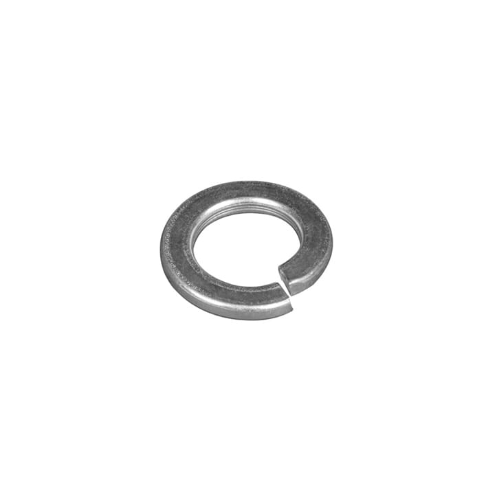 A single metallic split lock washer, circular with a gap and slightly twisted ends, isolated on a white background with studio lighting.