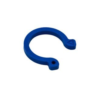 A blue plastic circular clamp with an open end, often used in audio and lighting setups, featuring two distinct ends—one with a hole and the other with a raised triangular symbol.
