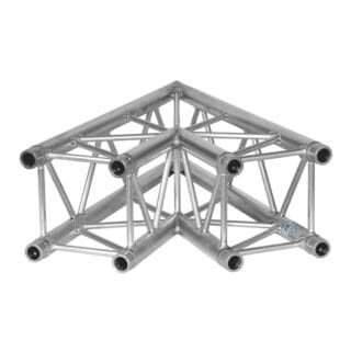 A metal truss corner piece with six cylindrical connectors, designed for structural support in stage, lighting, or event setups, shown against a white background.
