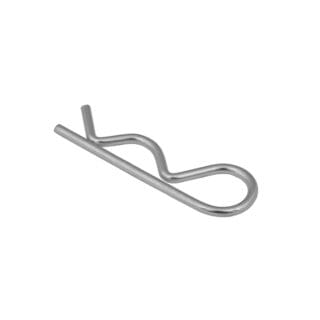 A single silver-colored R-clip, also known as an R-pin or hitch pin, made of bent metal wire with a straight section and a looped section, commonly used in audio and lighting setups, placed on a plain white background.