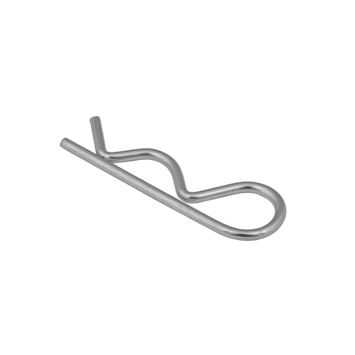 A single silver-colored R-clip, also known as an R-pin or hitch pin, made of bent metal wire with a straight section and a looped section, commonly used in audio and lighting setups, placed on a plain white background.