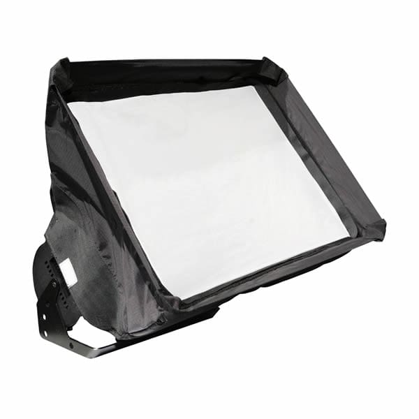 A studio softbox light with a rectangular white diffuser and black edges, mounted on an adjustable bracket, ideal for enhancing lighting in photography or video shoots.