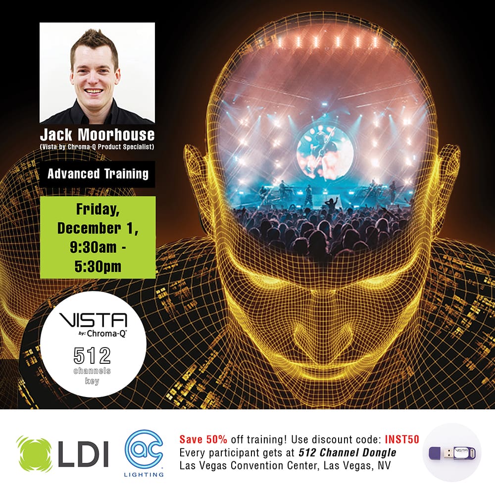 Promotional flyer for advanced lighting and video training with Jack Moorhouse on December 1, 9:30am–5:30pm in Las Vegas. Features futuristic face graphic, event details, and a 512 Channel Dongle image.