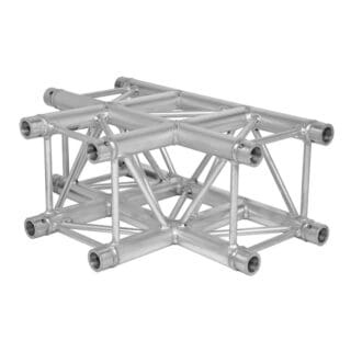 A silver metal truss structure with multiple cylindrical bars connected at various angles, designed to support video, lighting, or audio equipment. The frame features both horizontal and diagonal supports for enhanced stability.