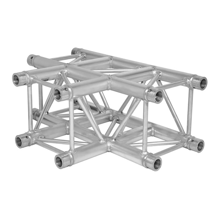 A silver metal truss structure with multiple cylindrical bars connected at various angles, designed to support video, lighting, or audio equipment. The frame features both horizontal and diagonal supports for enhanced stability.