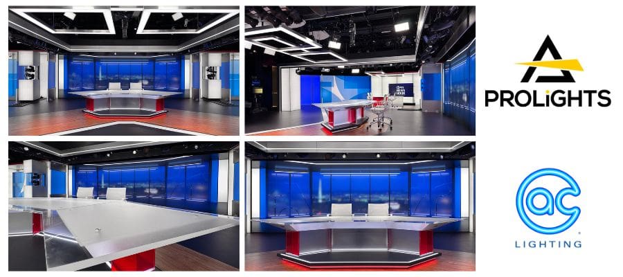 A modern TV news studio with bright blue screens, sleek desks, and professional lighting. Four angles highlight the advanced video setup, alongside the PROLIGHTS and AC LIGHTING logos on the right.
