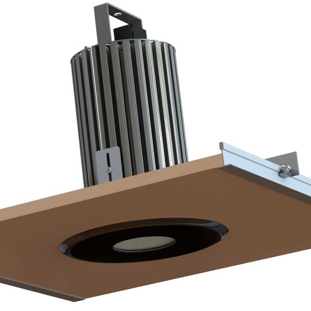 A recessed LED downlight fixture with a metallic cylindrical heat sink mounted above a brown ceiling panel, featuring a circular black trim around the light opening—ideal for integrated audio, video, and lighting setups.