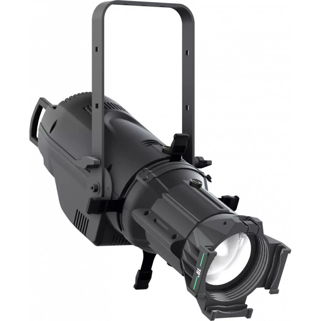 A black stage spotlight with a handle on top, adjustable mounting bracket, and a large lens at the front, designed for professional lighting in theaters or events where precise audio and video coordination is essential.