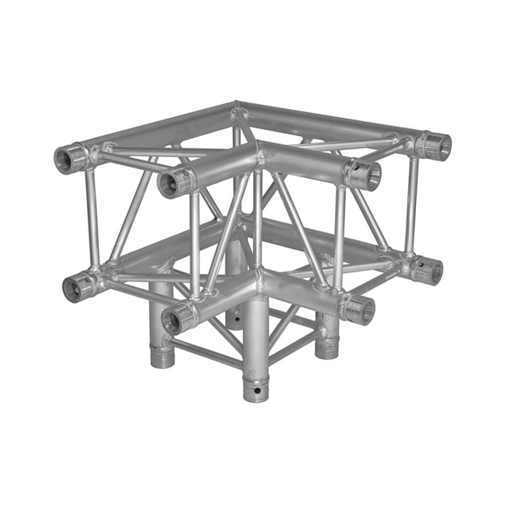 A metallic, geometric truss structure with multiple cylindrical connectors forms a three-way corner junction, ideal for supporting lighting or audio equipment in stage or event rigging. The silver structure is displayed on a white background.
