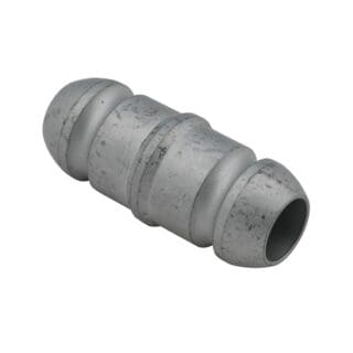 A metal pipe fitting with a cylindrical shape, featuring two conical ends and a central ridge, designed for securely connecting pipes in audio or lighting setups.