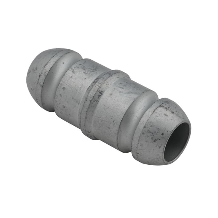 A metal pipe fitting with a cylindrical shape, featuring two conical ends and a central ridge, designed for securely connecting pipes in audio or lighting setups.