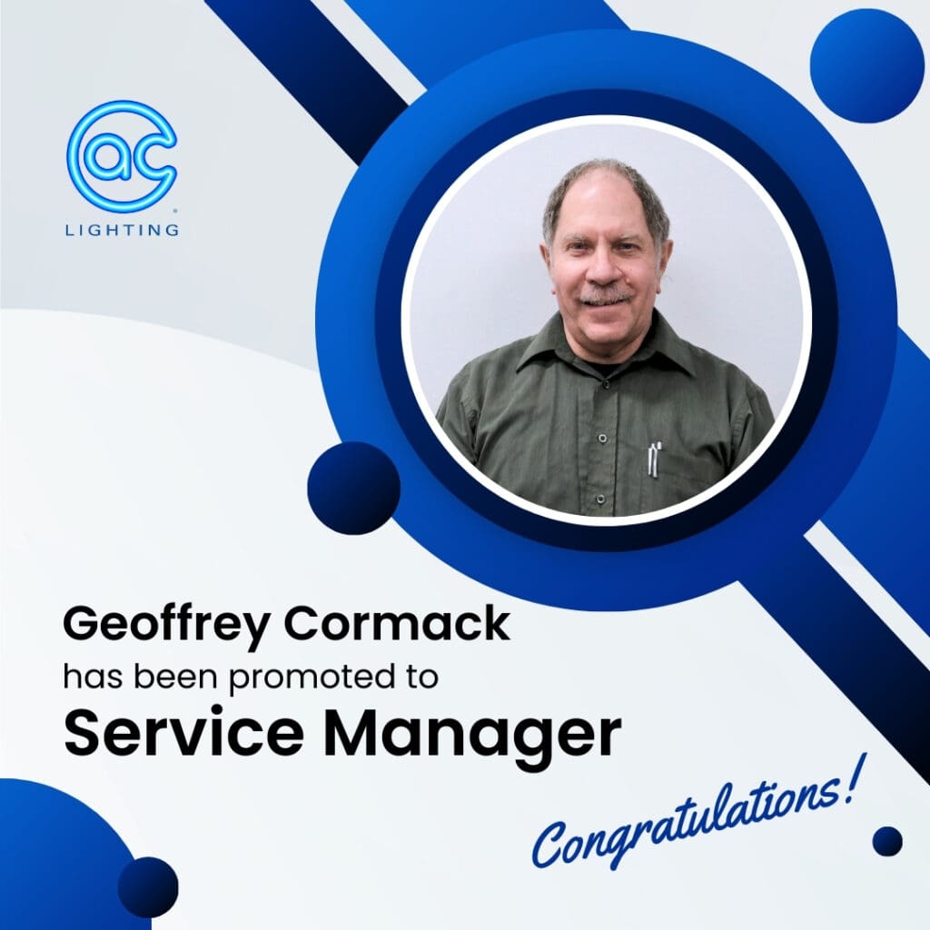 A promotional graphic shows Geoffrey Cormack smiling, with text announcing his promotion to Service Manager at AC Lighting. Blue and white geometric shapes highlight the lighting, audio, and video expertise he brings. The message reads “Congratulations!”.