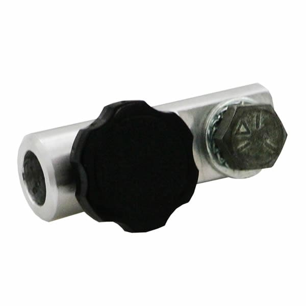 A close-up photo of a metal connector with a black plastic knob and a hexagonal bolt on one side, commonly used for joining or securing audio or lighting parts together.