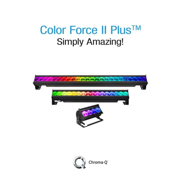 Three LED light bars displaying a rainbow of colors, with the text “Color Force II Plus™ Simply Amazing!” above them and the Chroma-Q logo at the bottom—perfect for stunning lighting and video displays.