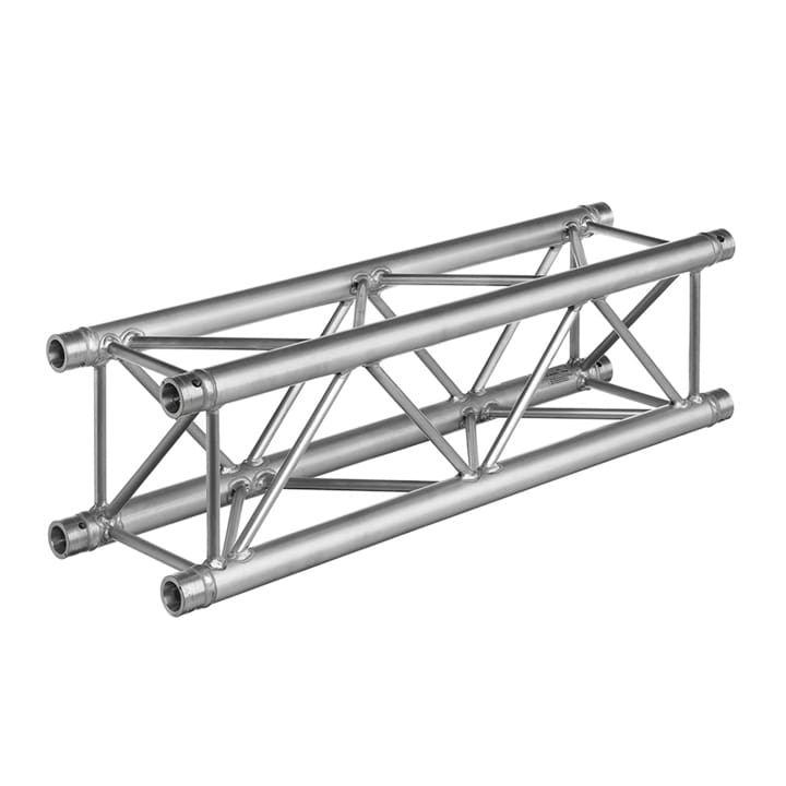 A silver metal truss with a rectangular frame and diagonal supports, typically used in construction, staging, audio setups, or event lighting installations.