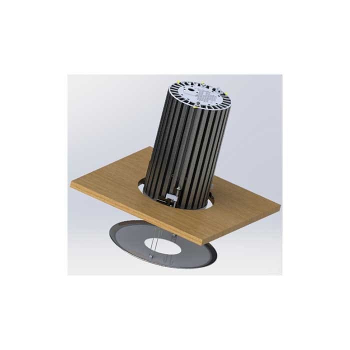 A cylindrical black metal device with vertical fins, commonly used in lighting or audio setups, is mounted through a square brown panel with a round metallic plate beneath it, against a plain white background.