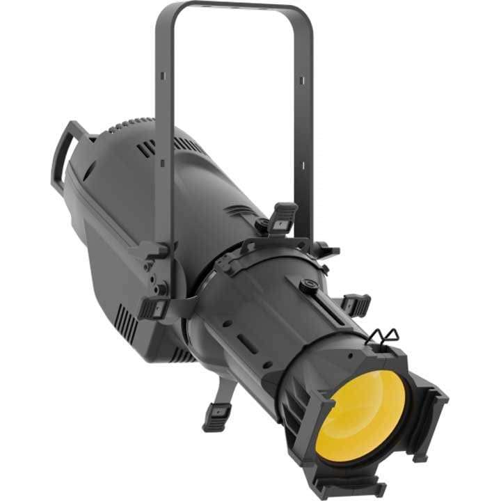 A black stage spotlight with adjustable barn doors and a handle, shown facing forward with a yellow light inside—ideal for professional lighting in video or audio productions.