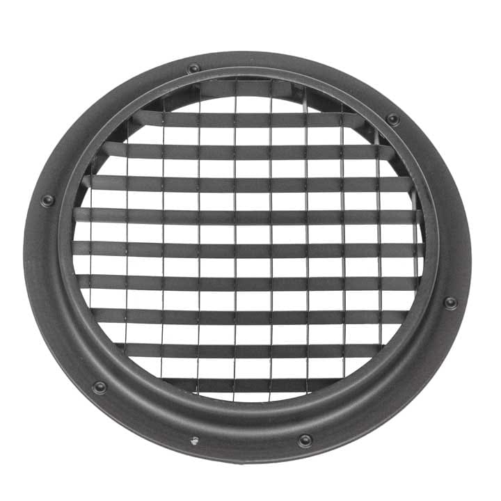 Round black metal vent cover with a grid pattern in the center, ideal for audio or lighting setups, surrounded by a solid circular frame with small screw holes around the edge.