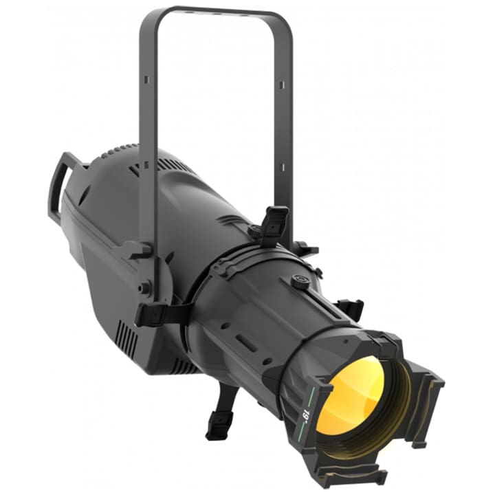 A black stage spotlight with adjustable barn doors and a yellow light filter, designed for professional lighting setups, is mounted on a metal bracket for hanging or positioning.