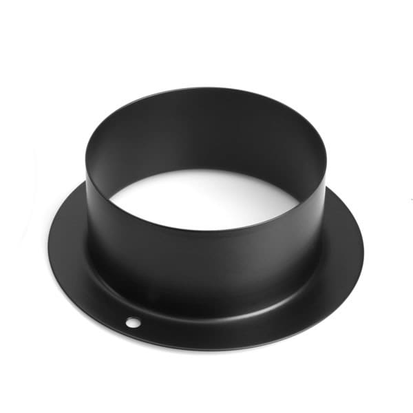 A black, cylindrical metal flange with a wide, flat circular base and a small hole near the edge, often used in audio or lighting setups, photographed on a white background.