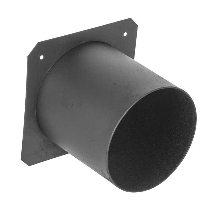A black metal round duct connector with a short cylindrical tube, ideal for audio or lighting setups, attached to a square mounting plate featuring two screw holes.