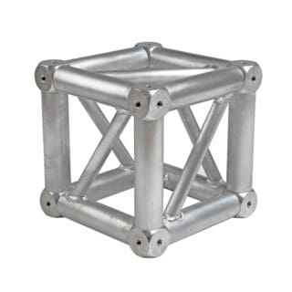 A metallic cube made of cylindrical rods connected at the corners, with diagonal rods reinforcing each face, creating a geometric, industrial structure ideal for creative lighting setups.