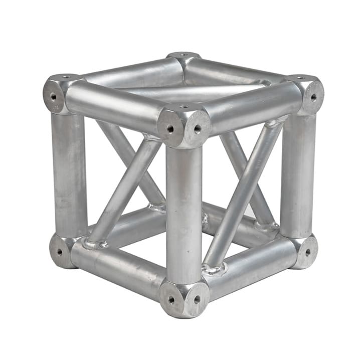 A metallic cube made of cylindrical rods connected at the corners, with diagonal rods reinforcing each face, creating a geometric, industrial structure ideal for creative lighting setups.