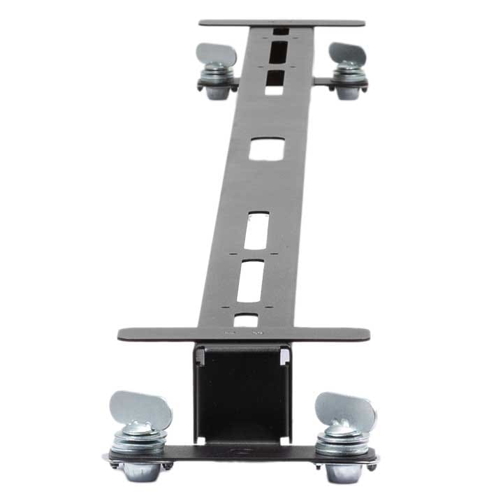 A black metal mounting bracket with a central rectangular bar and multiple slots, featuring four wing nuts and bolts at the corners, ideal for securing or adjusting lighting or audio equipment.