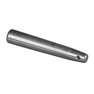 A smooth, cylindrical metal object with a slightly tapered end and a small hole near the tip, commonly used in audio or lighting setups, photographed on a white background.