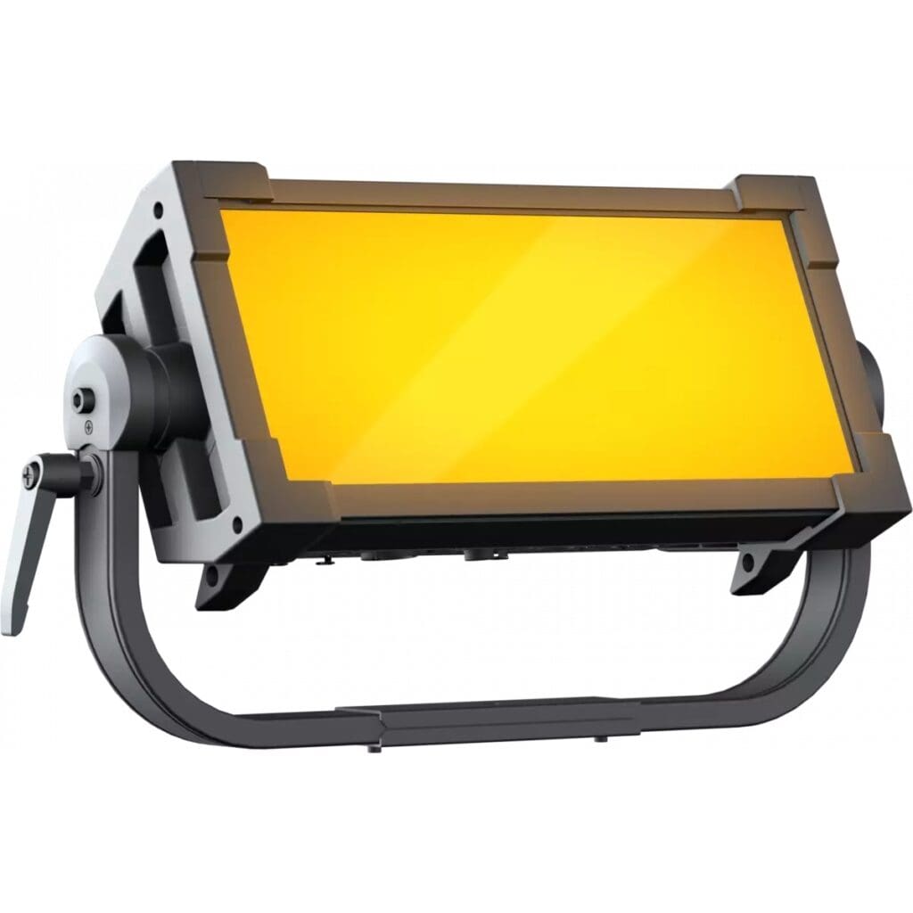 A rectangular LED stage light with a yellow filter, encased in a black metal frame and mounted on an adjustable U-shaped bracket—ideal for professional lighting setups.