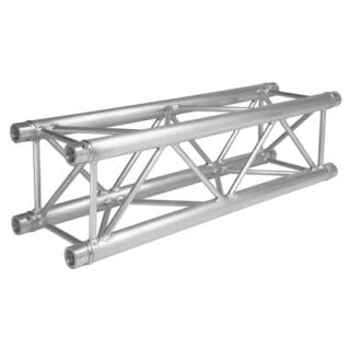 A silver aluminum truss structure with a rectangular shape, featuring diagonal and horizontal support beams, commonly used for stage lighting, audio, or event setups.