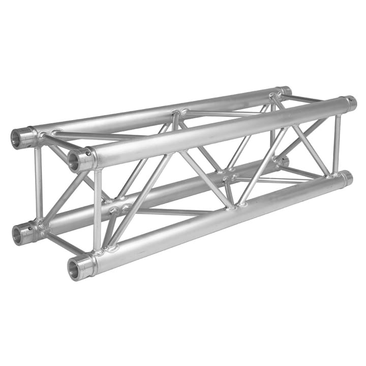 A silver aluminum truss structure with a rectangular shape, featuring diagonal and horizontal support beams, commonly used for stage lighting, audio, or event setups.