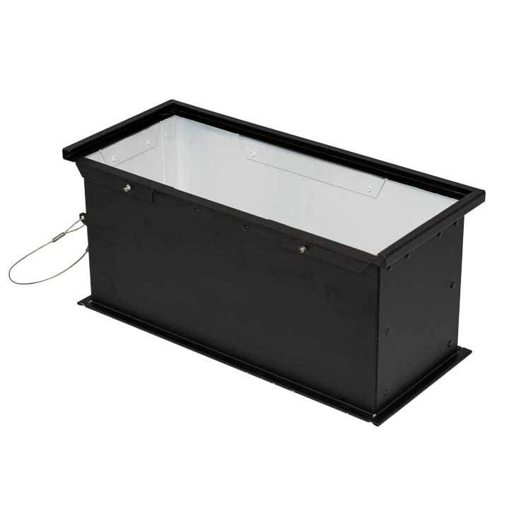 A black, rectangular metal box with an open top, white interior, and a small security cable attached to one side—ideal for organizing video or audio equipment.