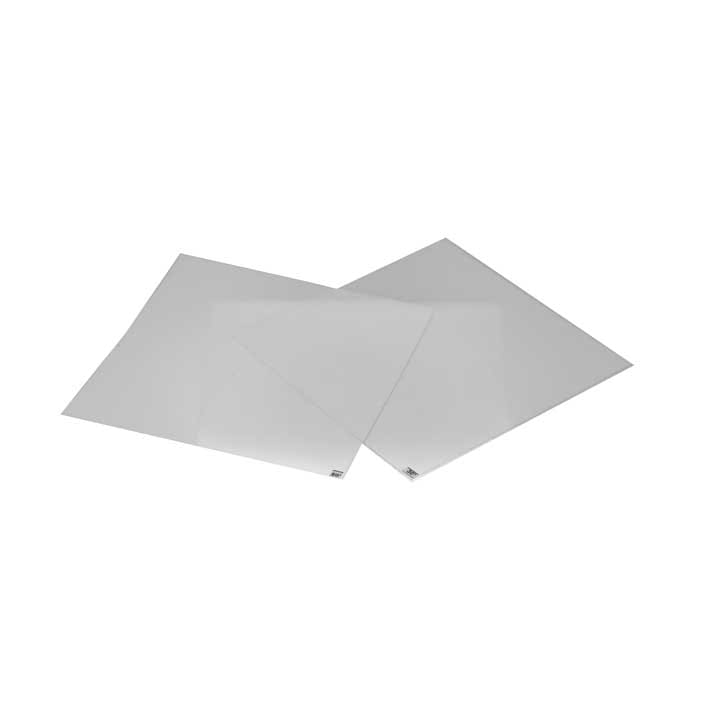 Three transparent plastic sheets are overlapping each other on a plain white background, creating an effect that plays with lighting and subtle reflections.