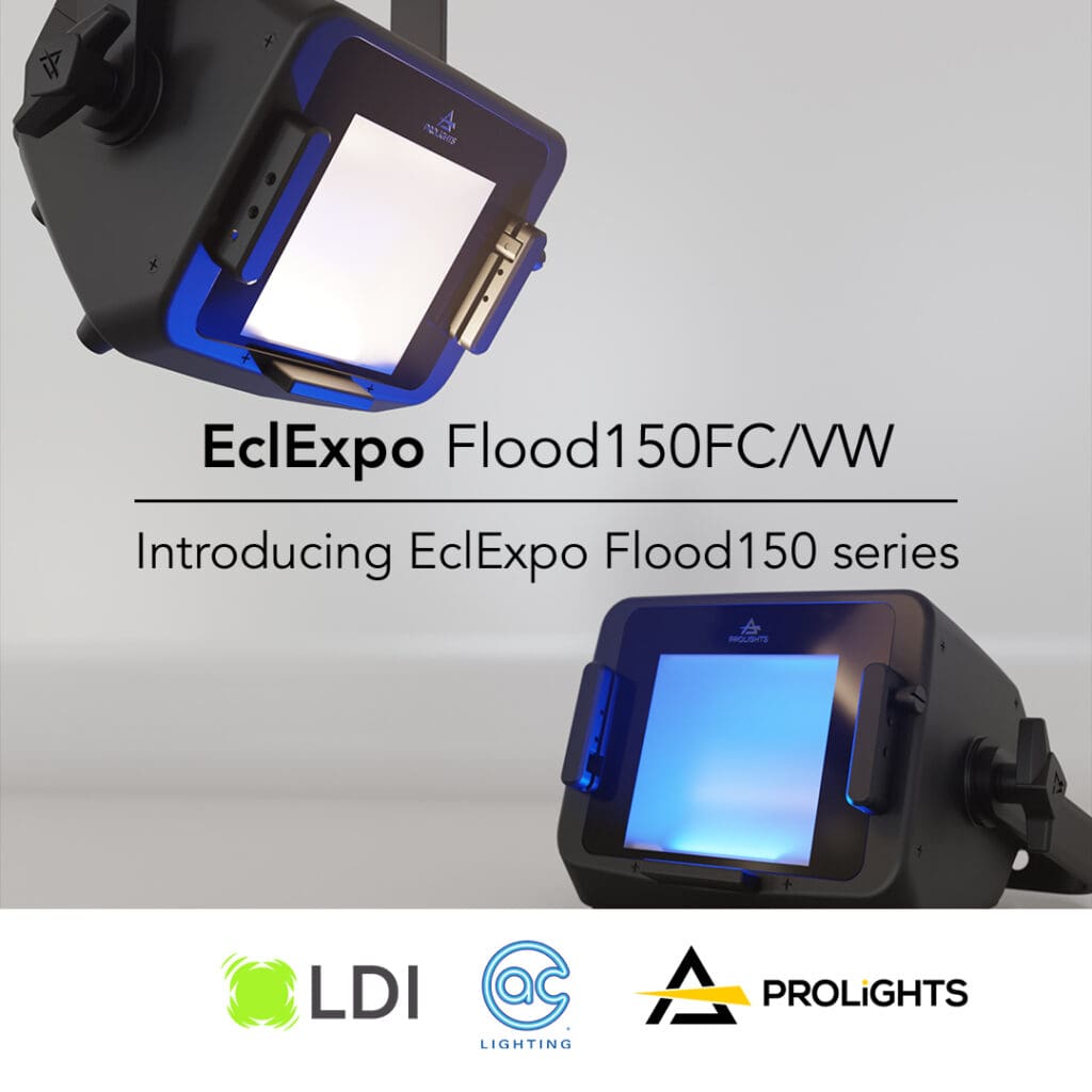 Two black stage floodlights with glowing white-blue panels are shown against a light background, showcasing innovative lighting technology. Text reads “EclExpo Flood150FC/VW – Introducing EclExpo Flood150 series.” Logos for LDI, AC Lighting, and PROLIGHTS are below.
