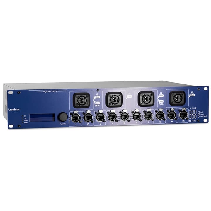 A blue and gray Luminex audio-visual network switch with multiple ports and switches on the front panel, designed for rack mounting in professional video, audio, and lighting AV setups.