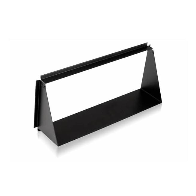 A black, metal, rectangular shelf with triangular side supports, open on the front and top, ideal for organizing video or audio equipment. Suitable for wall mounting or tabletop use.