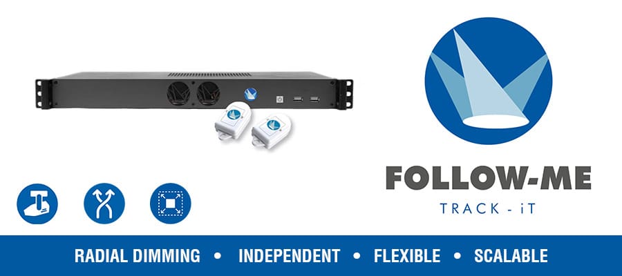 A black rack-mounted device and two small white trackers are shown next to the Follow-Me Track-iT logo. Below are icons and the words: Radial Dimming, Independent, Flexible, and Scalable lighting on a blue background.