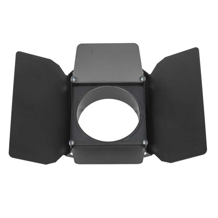 A black metal barn door lighting modifier with adjustable flaps, designed to control the direction and spread of light from a studio or video stage light.