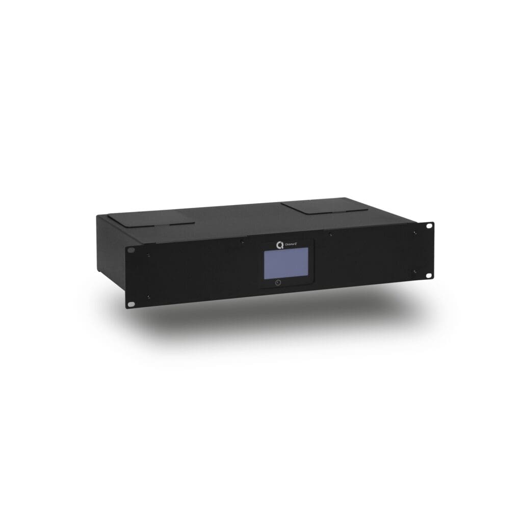 A black rectangular electronic device with a small digital display screen on the front panel, designed for rack mounting, ideal for professional audio or lighting control, shown on a white background.