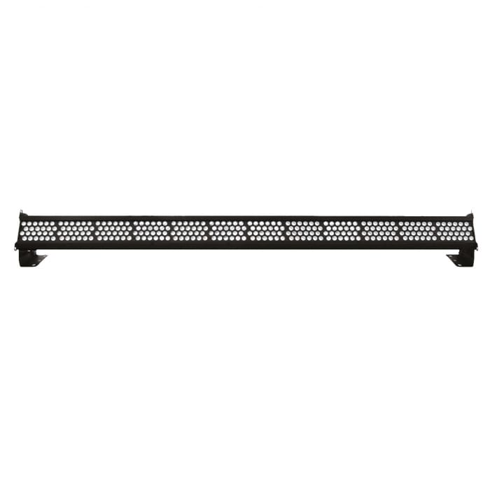 A long, narrow black metal bracket with a grid of circular holes, designed for mounting video or audio equipment. Viewed from the front against a white background, the bracket features mounting tabs on each end.